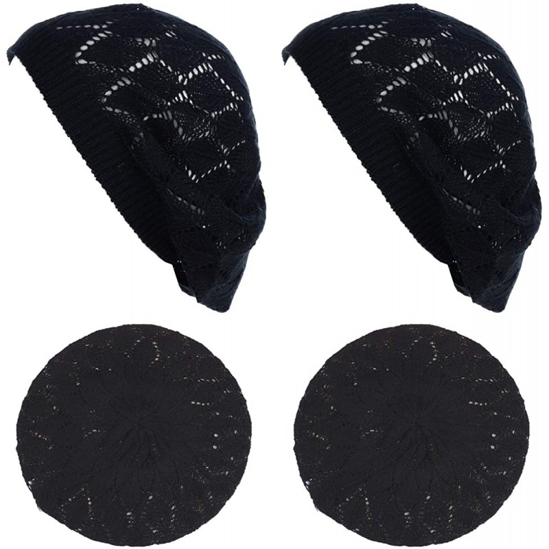 Berets Chic Soft Knit Airy Cutout Lightweight Slouchy Crochet Beret Beanie Hat - 2-pack-black & Black Leafy - C018OAWOT5K $29.73