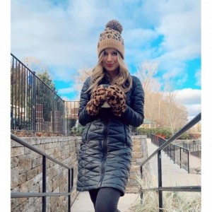 Skullies & Beanies Womens Knit Leopard Print Faux Fur Pom and Cuff Beanies and Scarves - A Leopard Print Pom Beanie - Latte -...