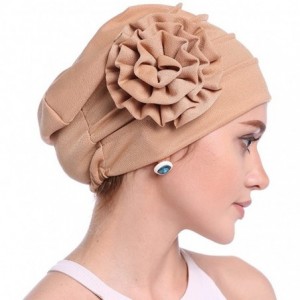 Skullies & Beanies Women Chemo Cap Turban Headwear Sleep Hat with Elegant Side Flower Pleated Skull Caps - Apricot Pack of 3 ...