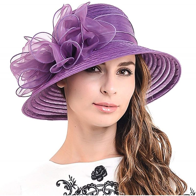 Sun Hats Ascot Kentucky Derby Bowler Church Cloche Hat Bowknot Organza Bridal Dress Cap S051 - Purple - C412F2NEV5L $45.19