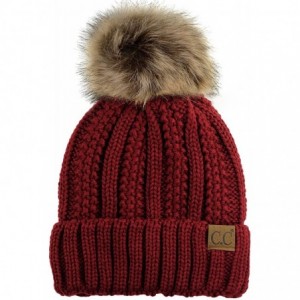 Skullies & Beanies Thick Cable Knit Faux Fuzzy Fur Pom Fleece Lined Skull Cap Cuff Beanie - Burgundy - C3185IS6N03 $38.63