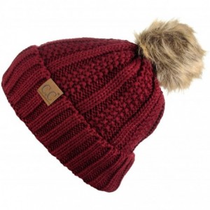 Skullies & Beanies Thick Cable Knit Faux Fuzzy Fur Pom Fleece Lined Skull Cap Cuff Beanie - Burgundy - C3185IS6N03 $32.62