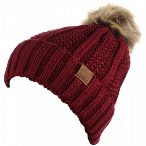 Skullies & Beanies Thick Cable Knit Faux Fuzzy Fur Pom Fleece Lined Skull Cap Cuff Beanie - Burgundy - C3185IS6N03 $32.62