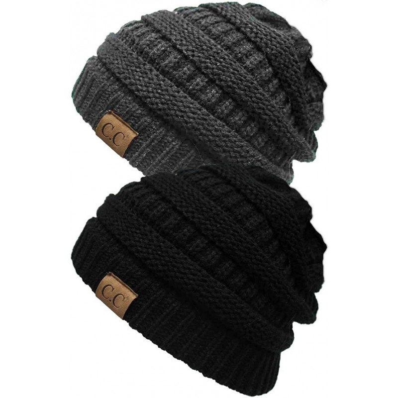 Skullies & Beanies Solid Ribbed Beanie Slouchy Soft Stretch Cable Knit Warm Skull Cap - 2 Pack - Black & Charcoal - CD18HM64G...