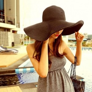 Sun Hats Floppy Wide Brim Straw Hat Women Summer Beach Cap Sun Hat - Black - CC18DQU7WT3 $22.50