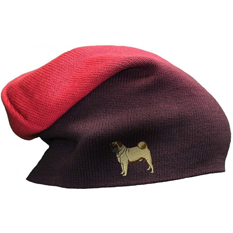Skullies & Beanies Custom Slouchy Beanie Pug Dog A Embroidery Cotton Skull Cap Hats for Men & Women - Red - CV12ESML3I5 $33.70