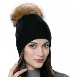 Skullies & Beanies Womens Winter Bobble Hat Unisex Wool Knit Beanie Cap with Fur Ball Pompom - Black With Raccoon Fur Pompom ...