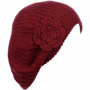 Berets Womens Fall Winter Ribbed Knit Beret Double Layers with Flower - Red - CJ18U8AHZHI $26.07