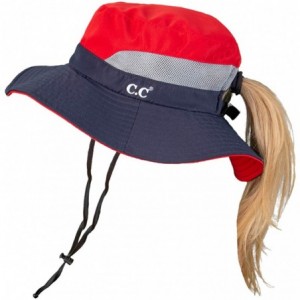 Sun Hats Ponytail Bucket Hat UPF 50+ Messy Bun Sun Hat Wide Brim Mesh Cap - Navy/Red - CH18QO6K434 $38.31