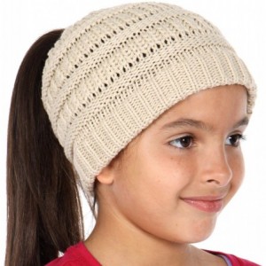 Skullies & Beanies Beanie Tail Kids Soft Stretch Cable Knit Messy High Bun Ponytail Beanie Hat - Beige - CO188DQEY8G $30.64