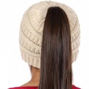 Skullies & Beanies Beanie Tail Kids Soft Stretch Cable Knit Messy High Bun Ponytail Beanie Hat - Beige - CO188DQEY8G $26.77