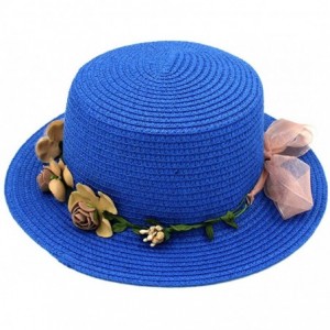 Sun Hats Women Summer Straw Boater Hat Beach Round Top Caps Wedding Flower Garland Band - Royal Blue - CI183O8NLK7 $21.07