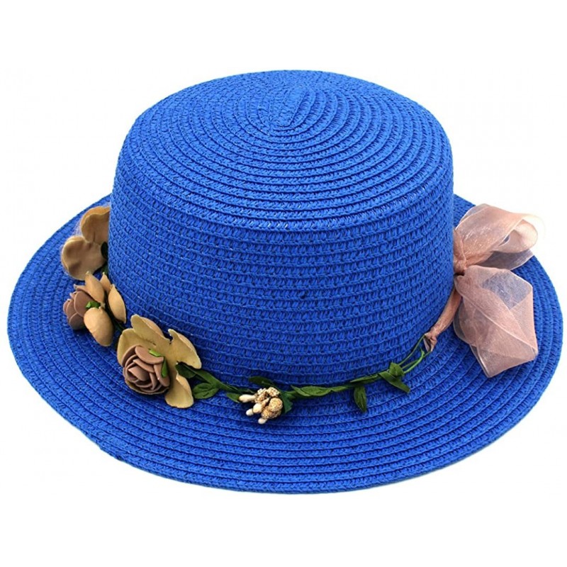 Sun Hats Women Summer Straw Boater Hat Beach Round Top Caps Wedding Flower Garland Band - Royal Blue - CI183O8NLK7 $19.27