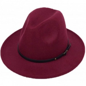 Fedoras Women Lady Vintage Retro Wide Brim Wool Fedora Hat Panama Cap with Belt Buckle - Wine Red - CI18A6AEHXH $25.91