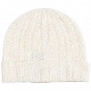 Skullies & Beanies Fold-Over Cable Knit Beanie 100% Pure Cashmere Cuffed Brim Hat for Women - Ivory - CA18MHG8ZG6 $72.68