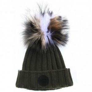 Skullies & Beanies Women's and Girls Ribbed Slouchy Beanie Warm Winter Hat Large Genuine Fur Pompom - Olive - CV18LGA5GSD $73.42