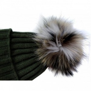 Skullies & Beanies Women's and Girls Ribbed Slouchy Beanie Warm Winter Hat Large Genuine Fur Pompom - Olive - CV18LGA5GSD $62.00
