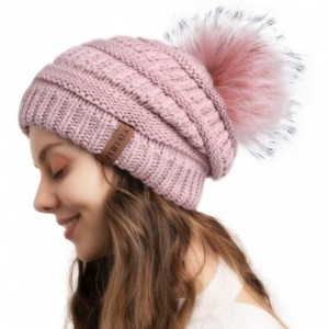 Skullies & Beanies Womens Winter Knit Slouchy Beanie Hat Warm Skull Ski Cap Faux Fur Pom Pom Hats for Women - CA18U9DZ2XQ $30.18