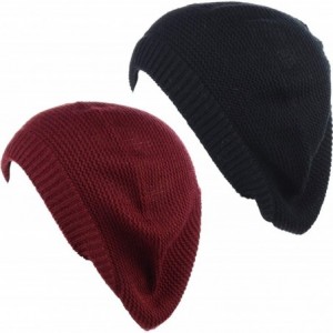 Berets Chic French Style Lightweight Soft Slouchy Knit Beret Beanie Hat in Solid - 2-pack Red Wine & Black - CK18AQDQCGD $33.83