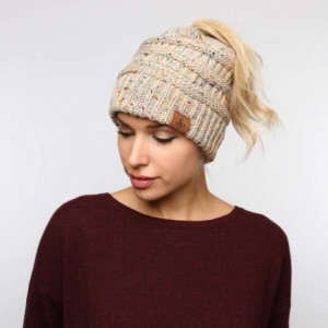 Skullies & Beanies Confetti Sparkle Knitted Ponytail Beanie with Stretch Cable on top for Messy Bun - Mocha - C418K0SCEOX $20.22