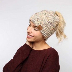 Skullies & Beanies Confetti Sparkle Knitted Ponytail Beanie with Stretch Cable on top for Messy Bun - Mocha - C418K0SCEOX $20.22