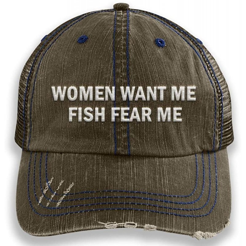 Baseball Caps Women Want Me Fish Fear Me Embroidered Distressed Trucker Cap Men Hat - Brown - CV18TD8WX66 $53.58