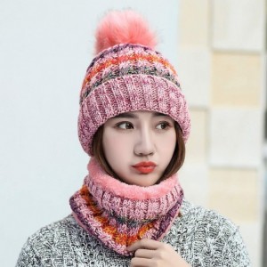 Skullies & Beanies 2 Pcs Knitted Hat Scarf Set for Women Winter Warm Fleece Lined Beanie Hat Ski Hat with Pompom - Pink - CL1...