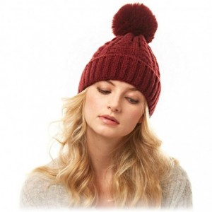 Skullies & Beanies Me Plus Women Fashion Fall Winter Soft Cable Knitted Faux Fur Pom Pom Beanie Hat - Cable Knit - Burgundy -...