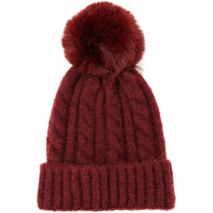 Skullies & Beanies Me Plus Women Fashion Fall Winter Soft Cable Knitted Faux Fur Pom Pom Beanie Hat - Cable Knit - Burgundy -...