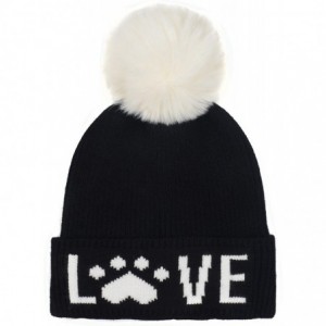 Skullies & Beanies Cat Lover Dog Lover Gift Love Paw Faux Fur Pompom Knit Beanie Skully Toque - Black Hat White Love White Po...