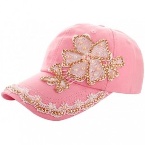 Baseball Caps Women Lace Denim Rhinestone Baseball Cap Floral Snapback Flat Hat - Pink - CP182HNZX0Q $17.88