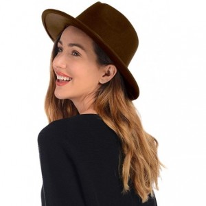 Fedoras Womens Felt Fedora Hat- Wide Brim Panama Hat Floppy Wool Winter Hat with Belt Buckle - Coffee - CE193C3MEEO $17.31
