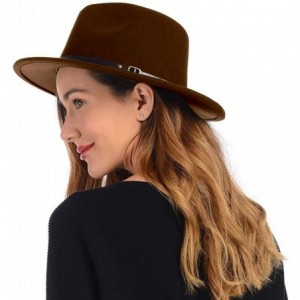 Fedoras Womens Felt Fedora Hat- Wide Brim Panama Hat Floppy Wool Winter Hat with Belt Buckle - Coffee - CE193C3MEEO $16.88