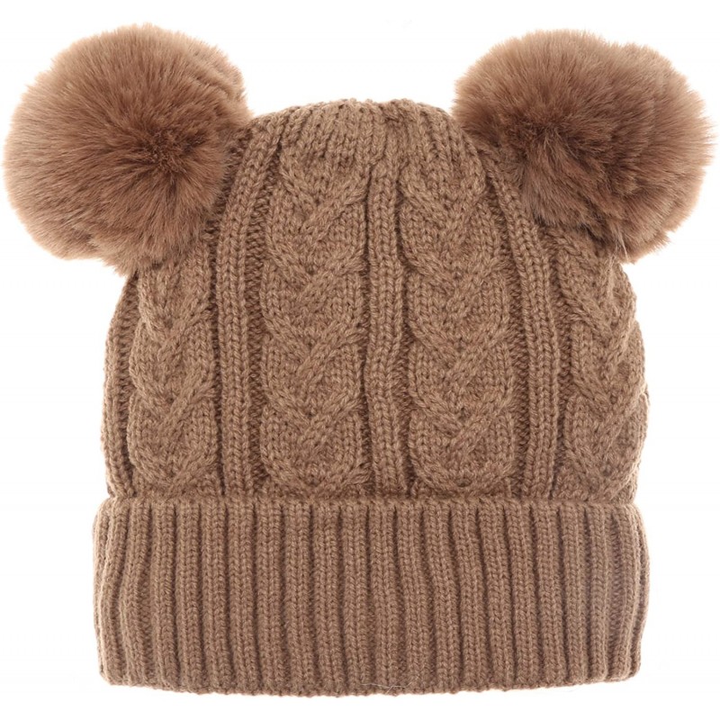 Women's Winter Cable Knitted Faux Fur Double Pom Pom Beanie Hat with ...
