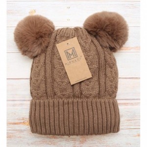 Skullies & Beanies Women's Winter Cable Knitted Faux Fur Double Pom Pom Beanie Hat with Plush Lining. - Khaki W/Out Logo - CM...