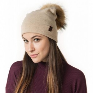 Skullies & Beanies Marino Slouchy Beanie Hat for Women - Cashmere Blend - Rabbit Fur Pompom - Beige - C612MAVIOGC $32.99
