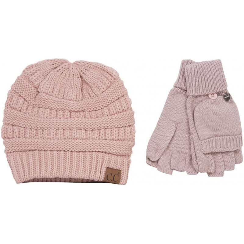 Skullies & Beanies Soft Knit Beanie and Fingerless Mitten Gloves Set - Indie Pink - CB1889COCIT $23.34