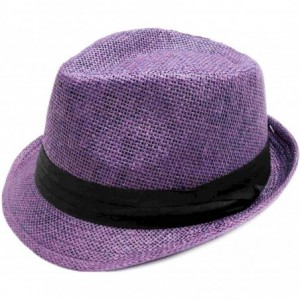 Fedoras Unisex Summer Straw Structured Fedora Hat w/Cloth Band - Purple - CL189YSZ8E4 $32.97