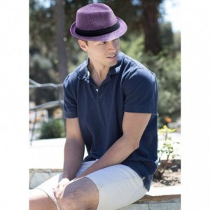 Fedoras Unisex Summer Straw Structured Fedora Hat w/Cloth Band - Purple - CL189YSZ8E4 $27.35
