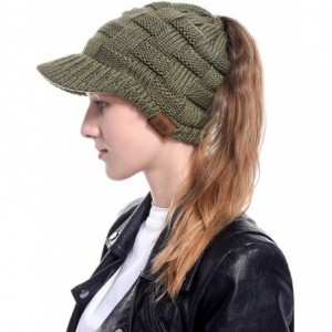 Skullies & Beanies Women's Warm Chunky Cable Knit Messy Bun Hat Ponytail Visor Beanie Cap - Weave - Army Green - CH18Z253UNM ...