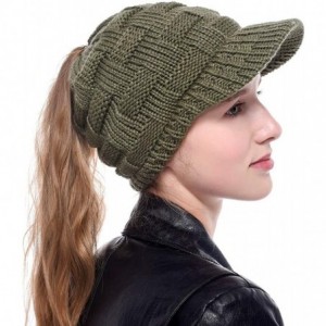 Skullies & Beanies Women's Warm Chunky Cable Knit Messy Bun Hat Ponytail Visor Beanie Cap - Weave - Army Green - CH18Z253UNM ...