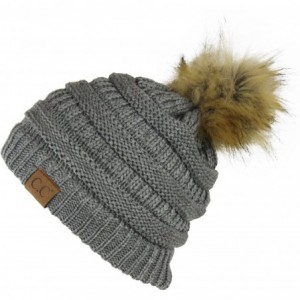 Skullies & Beanies Chunky Cable Knit Beanie Hat w/Faux Fur Pom Pom - Winter Soft Stretch Skull Cap - Grey - CC12N170NYP $27.04