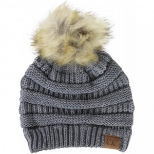 Skullies & Beanies Chunky Cable Knit Beanie Hat w/Faux Fur Pom Pom - Winter Soft Stretch Skull Cap - Grey - CC12N170NYP $27.04
