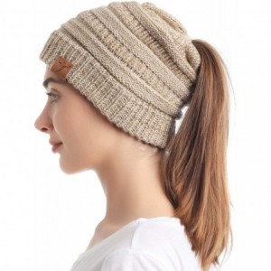 Skullies & Beanies Ponytail Messy Bun Beanie Tail Knit Hole Soft Stretch Cable Winter Hat for Women - 2 Tone Khaki - C018WADU...