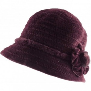 Bucket Hats Wool Striped Dressy Cloche Bucket Packable Warm Winter Hat with Fur Flower Trim - Burgundy - CE18Q2DYUK2 $33.87
