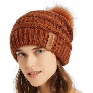 Skullies & Beanies Womens Winter Knit Slouchy Beanie Chunky Hats Bobble Hat Ski Cap with Faux Fur Pompom - Confetti Rust - CZ...