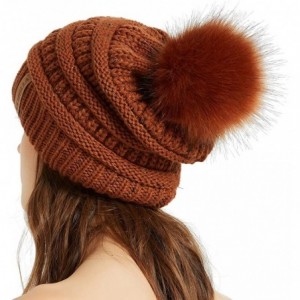 Skullies & Beanies Womens Winter Knit Slouchy Beanie Chunky Hats Bobble Hat Ski Cap with Faux Fur Pompom - Confetti Rust - CZ...