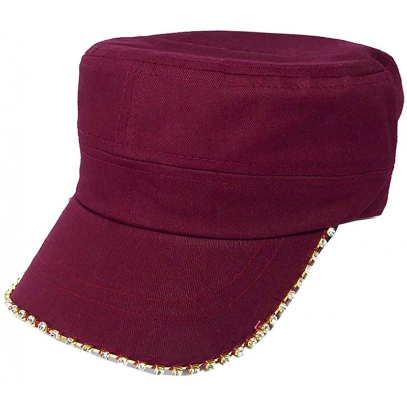 Baseball Caps Women's Military Cadet Army Cap Hat with Bling -Rhinestone Crystals on Brim - Burgundy - CI18SXAM4DI $28.70