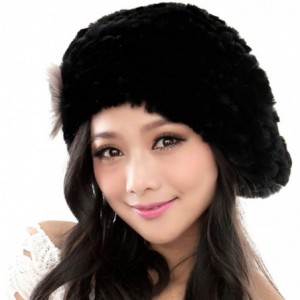 Berets Winter Women's Rex Rabbit Fur Beret Hats with Fur Flower - Black - CA11FG7MUR5 $43.77