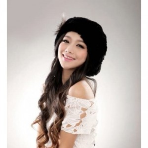 Berets Winter Women's Rex Rabbit Fur Beret Hats with Fur Flower - Black - CA11FG7MUR5 $38.10